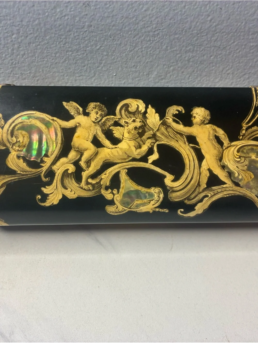 Signed 1972 Paula Geoffroy Lacquer Jewelry Box with Abalone Inlay